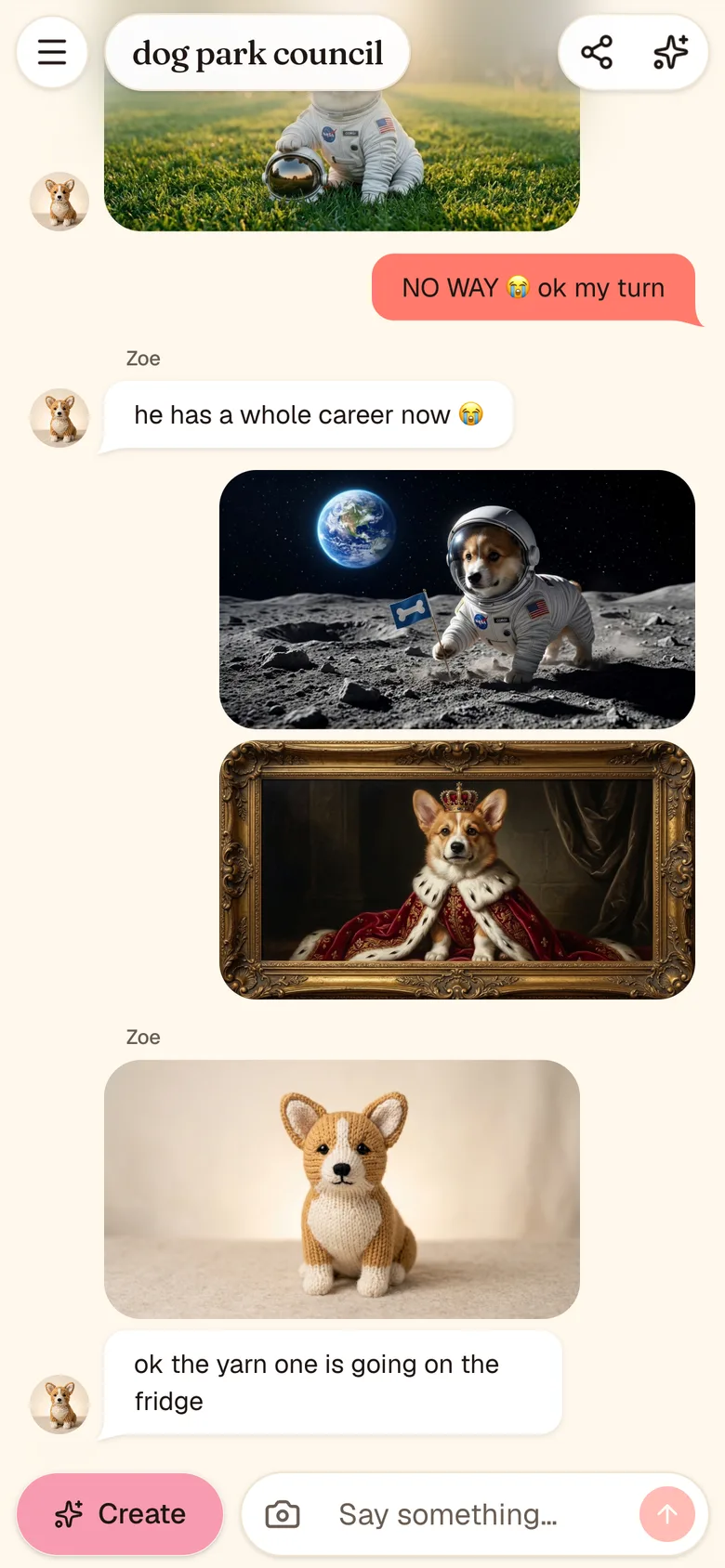 A Toppi chat feed with a corgi on the moon, a renaissance corgi portrait, and a yarn corgi, with friends reacting in between