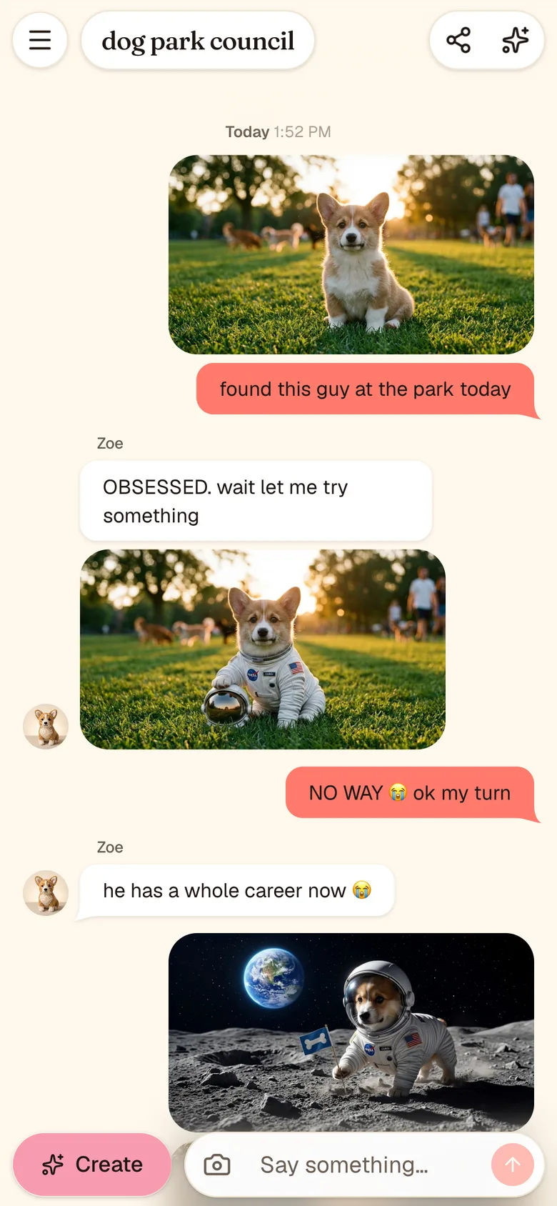 A Toppi group chat: one friend shares a photo of a corgi at the park, another remixes it into a tiny astronaut, live in the conversation