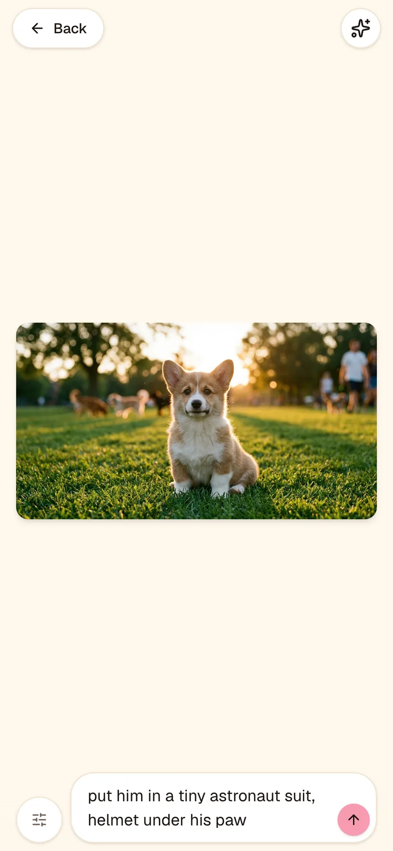 The Toppi create screen: a corgi photo with the prompt “put him in a tiny astronaut suit, helmet under his paw”