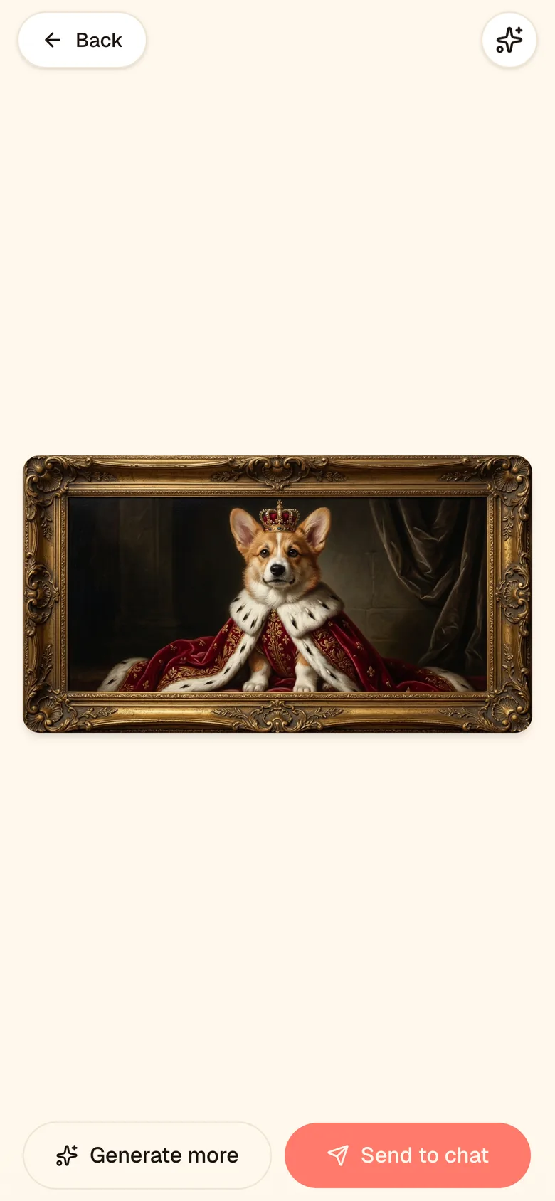 A finished generation in Toppi — the corgi as a renaissance royal portrait — with Generate more and Send to chat buttons